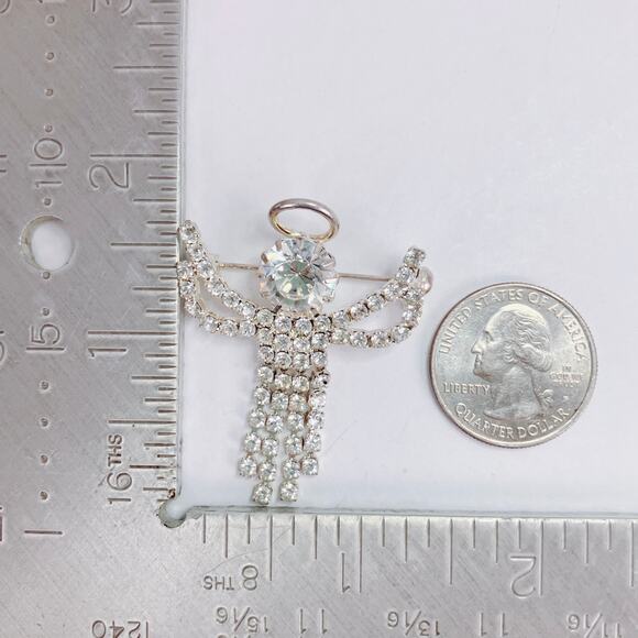 Vintage Clear Rhinestone Angel Brooch Prong Set Dangle Glam Religious Jewelry - Picture 9 of 9